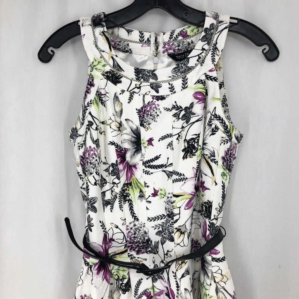 White House Black Market White Floral Sleeveless Belted Fit Flare Dress 0